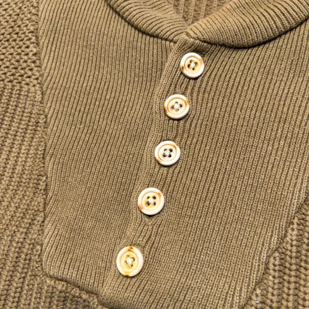 Eddie Bauer Sweater Mens L Brown Vintage Henley Chunky Knit Cotton Shawl Collar